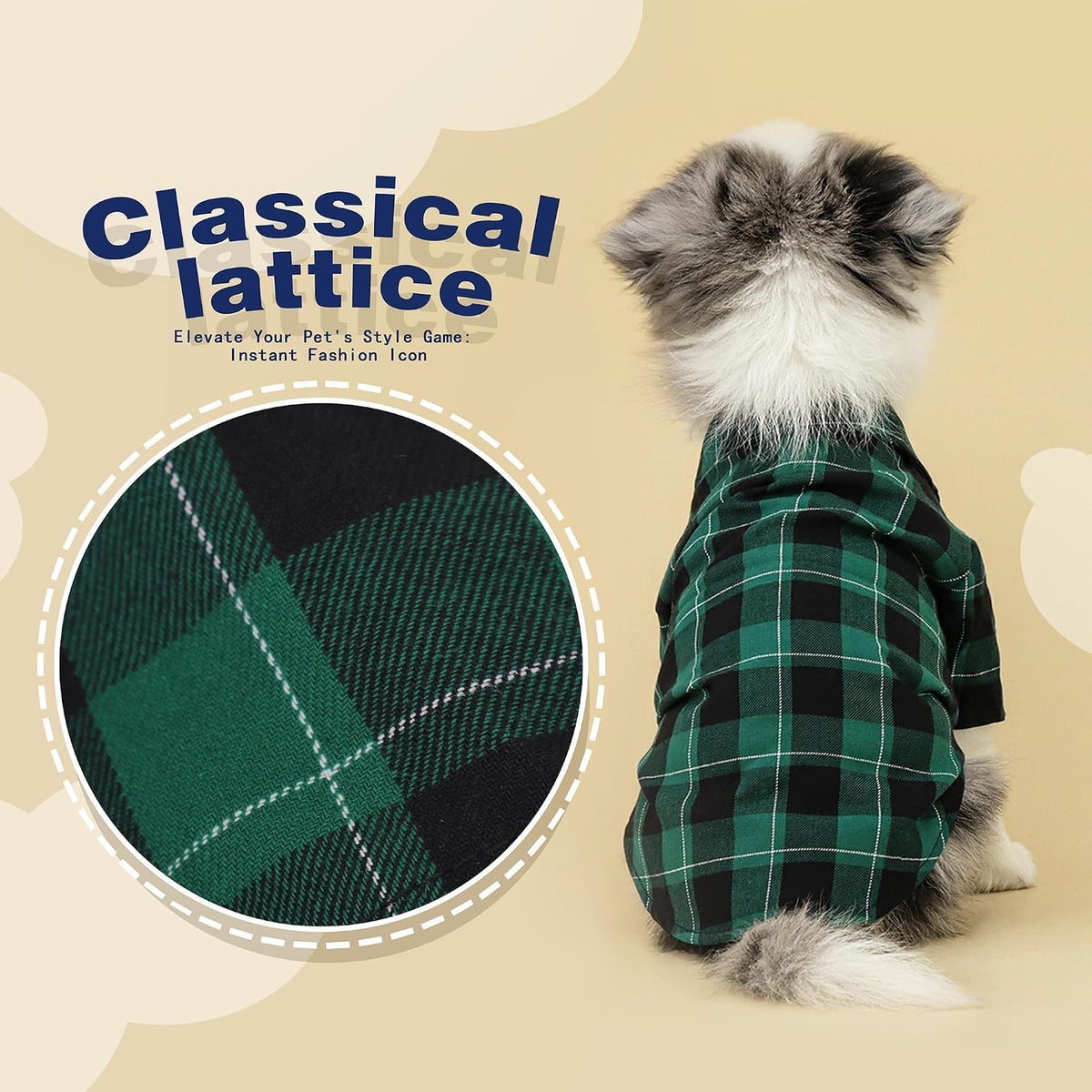 Plaid Dog Shirt: Classic Checkered Style in Pure Cotton for Large - XS-(2~4lb) | Chest(~13.7") / Green - image 3