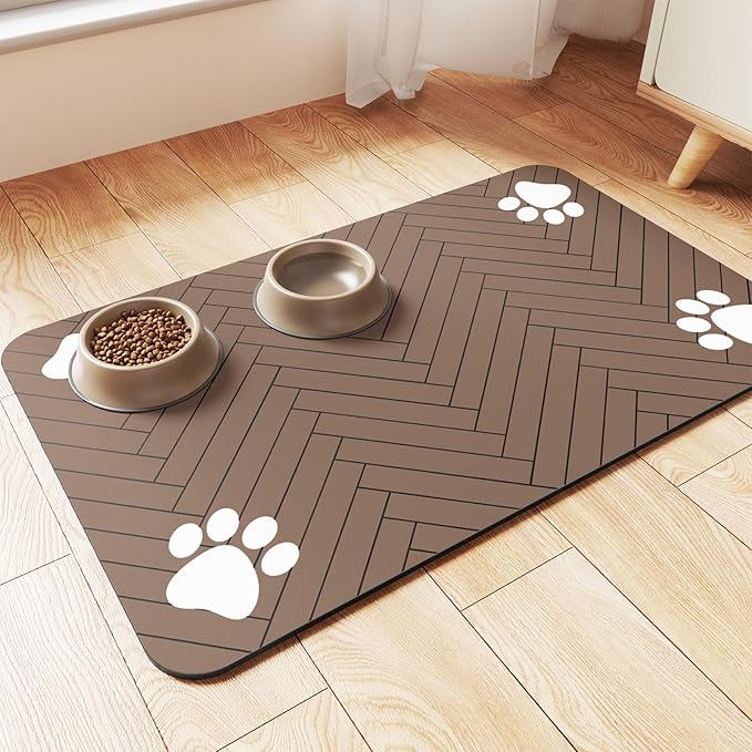 Pet Feeding Mat-Absorbent Pet Placemat for Food and Water Bowl, with Waterproof Rubber Backing, Quick Dry Water Dispenser Mat for Dog and Cat (12"x20", Coffee)