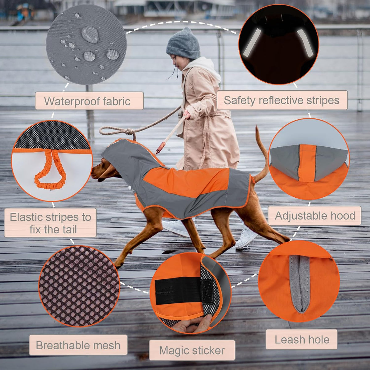 Hooded Dog Raincoat, Reflective Large Dog Rain Poncho - 3X-Large / Orange - image 2