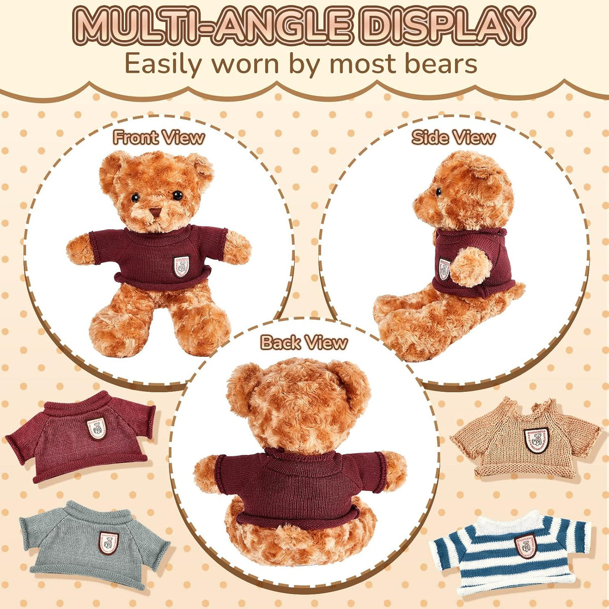 Sratte set of 8 stuffed bear sweater outfits with hearts and stripes in bright colors - view 3