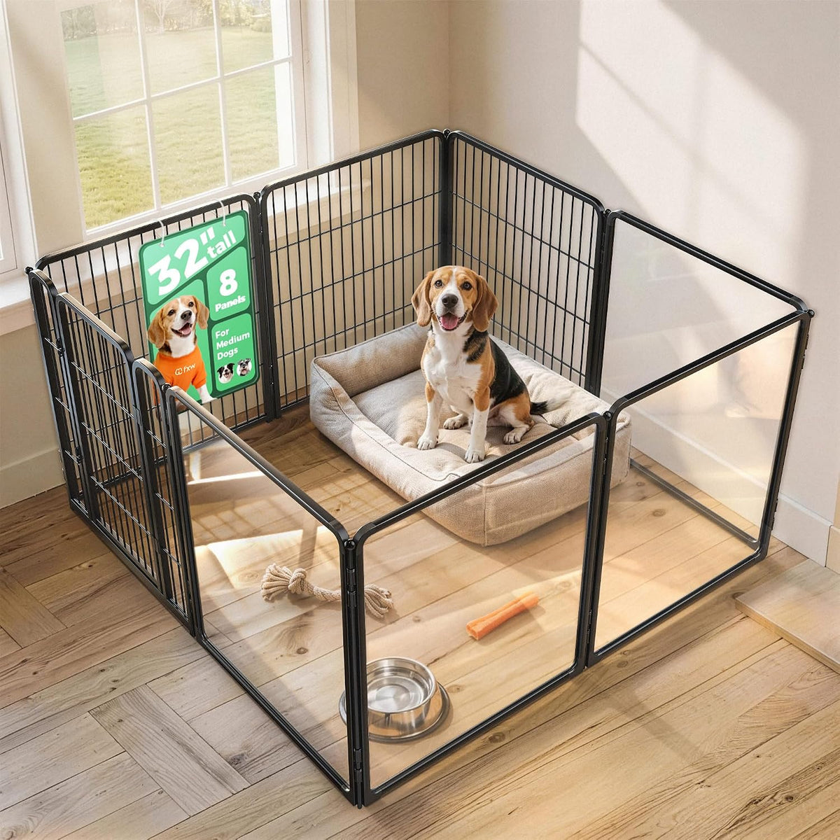FXW AuraSpace Pro Acrylic & Wire Mesh Indoor Dog Playpen, 24" H - Black / 32"H / 4 Acrylic Panels + 3 Wire Panels + 1 Wire Gate