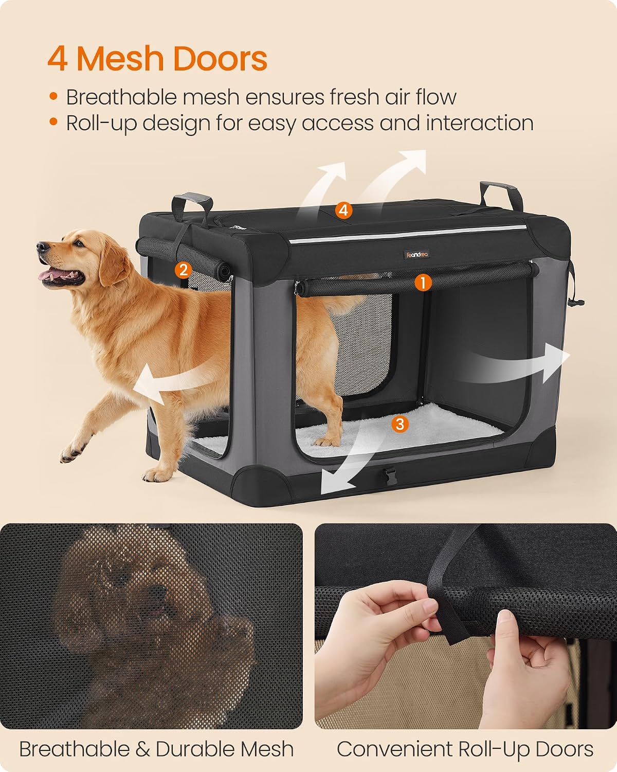 Feandrea collapsible soft-sided dog crate, 36 inch, with four mesh doors and Sherpa fleece pad - view 4