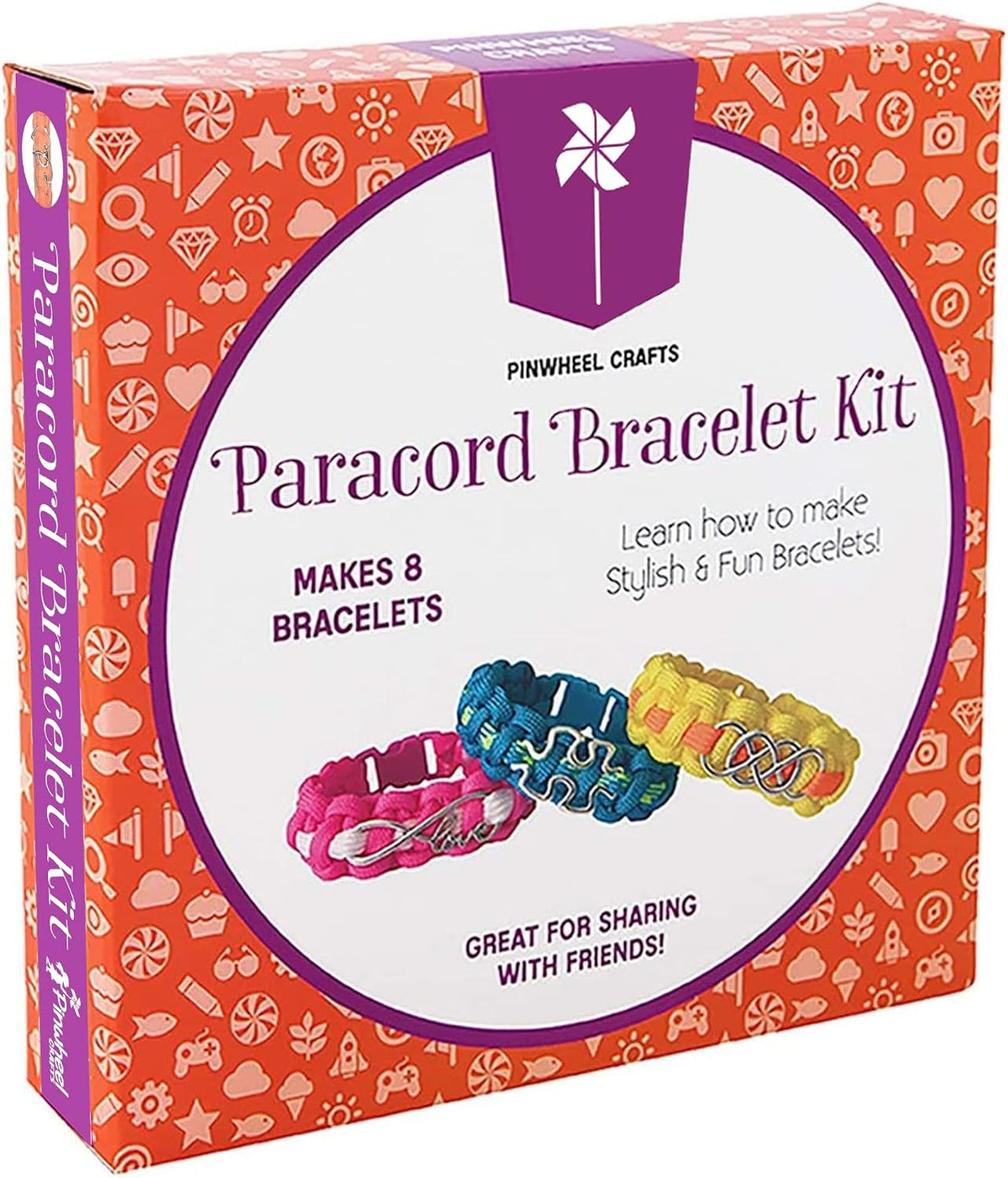Pinwheel Crafts friendship bracelet kit with 100 floss threads, beads and storage bag