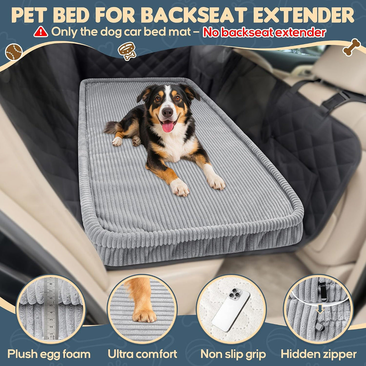 Dog Car Bed, Non-Slip Backseat Extender Pet Mat 50"x24.6"x2" – Essentials for Dogs - Medium (50"L×24.6"W×2"H) / Light Gray - image 2