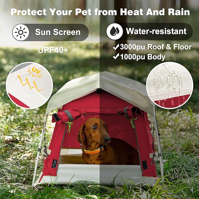 Dog Tent Cotton Fabric, Aluminum Poles and Camping Mat, Outdoor Weatherproof, Dog House Outdoor, Breathable with 2 Side Windows, Portable and Collapsible (Red, Small)