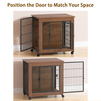 27.2" Dog Crate Furniture with Wheels for Small Dogs, Heavy Duty Dog Kennel Indoor with 2 Doors, Wooden Pet Cage End Tab
