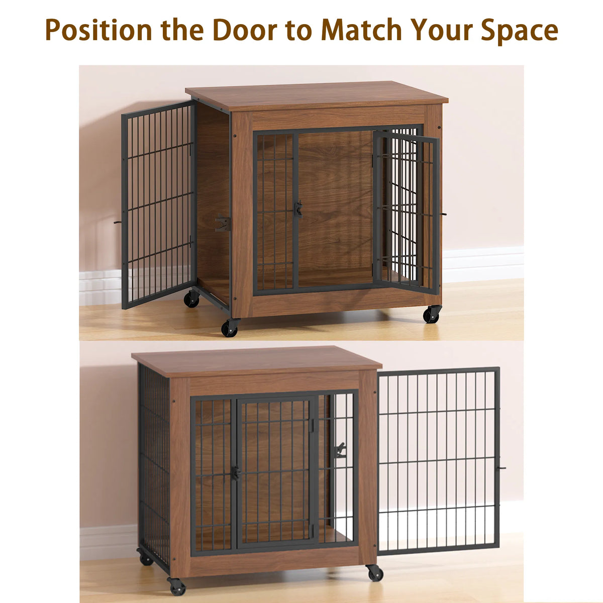 27.2" Dog Crate Furniture with Wheels for Small Dogs, Heavy Duty Dog Kennel Indoor with 2 Doors, Wooden Pet Cage End Tab