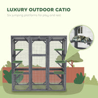 Large Wooden Catio Outdoor with 6 Jumping Platforms, Weatherproof Roof, for 1-3 Cats, 59" x 28" x 60", Gray