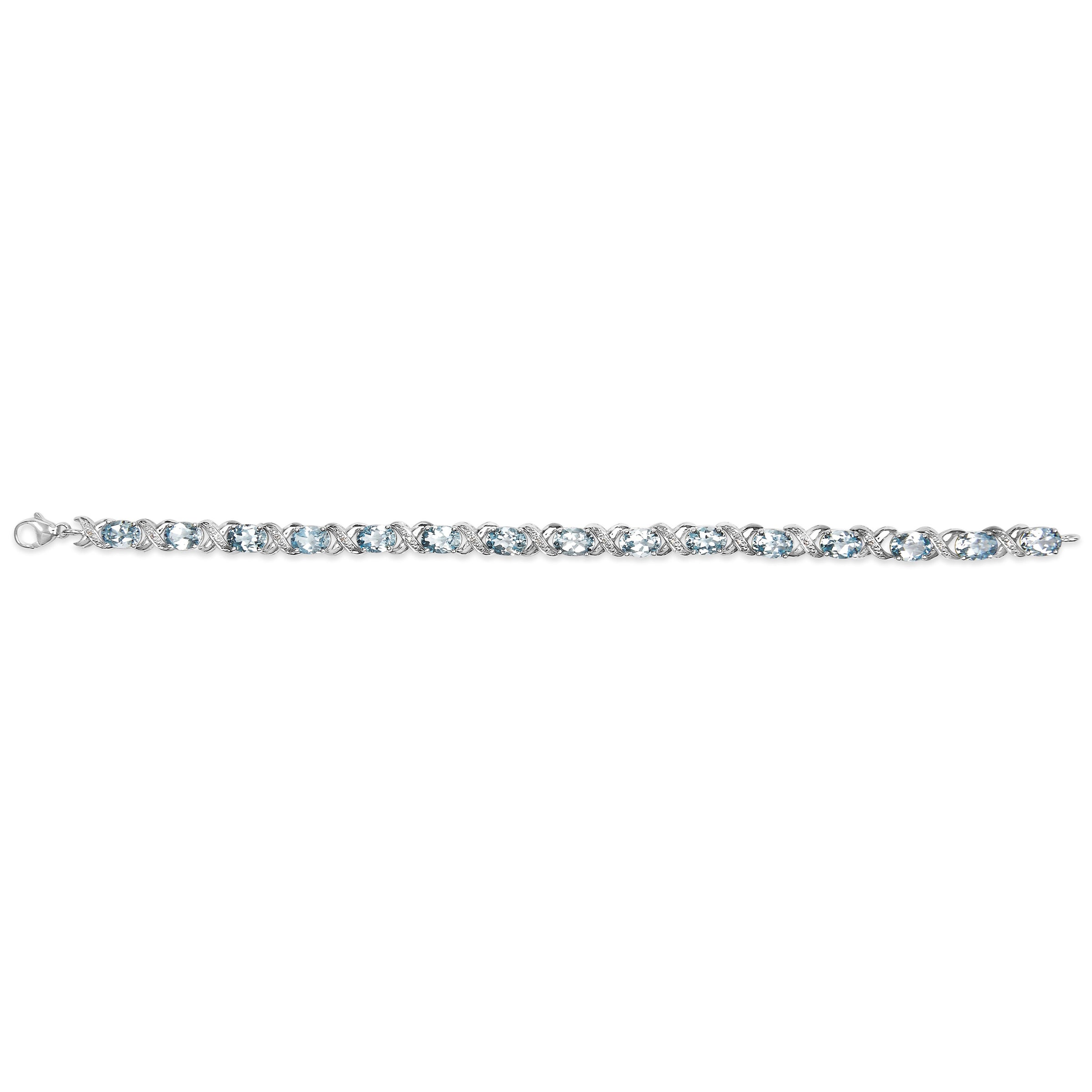 .925 Sterling Silver 16.0 Cttw Oval Blue Topaz and Diamond Accent Tennis X Link Bracelet (I-J Color, I1-I2 Clarity) - Size 7" Inch