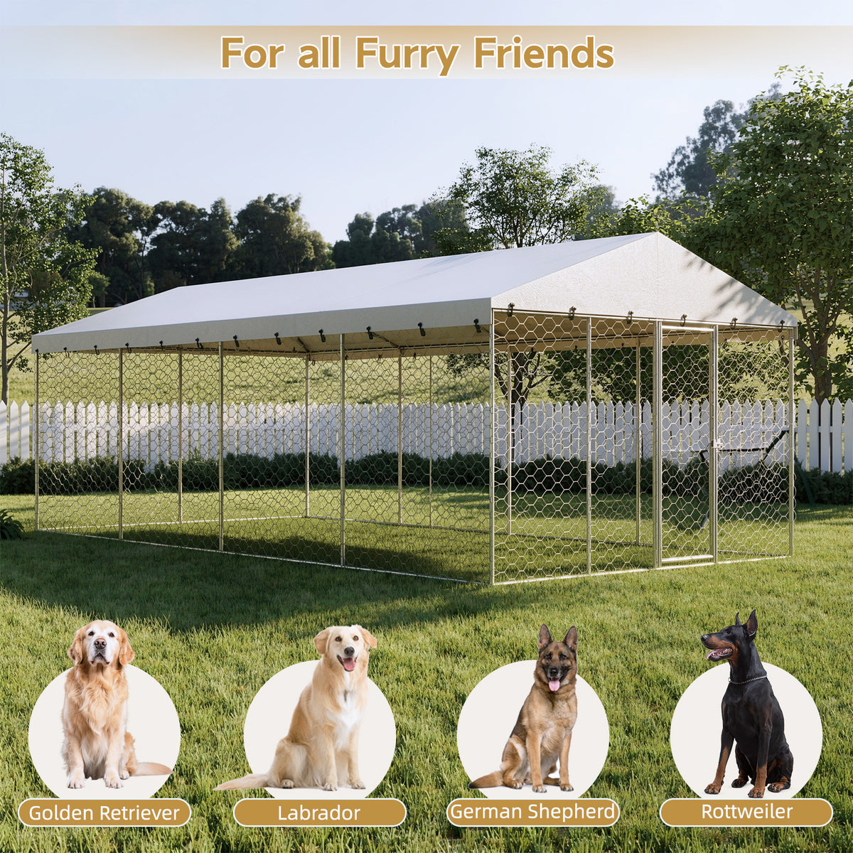 10x20 FT Large Outdoor Dog Kennel with Canopy, Heavy Duty Galvanized Steel Frame, Waterproof Cover, All-Weather Protecti