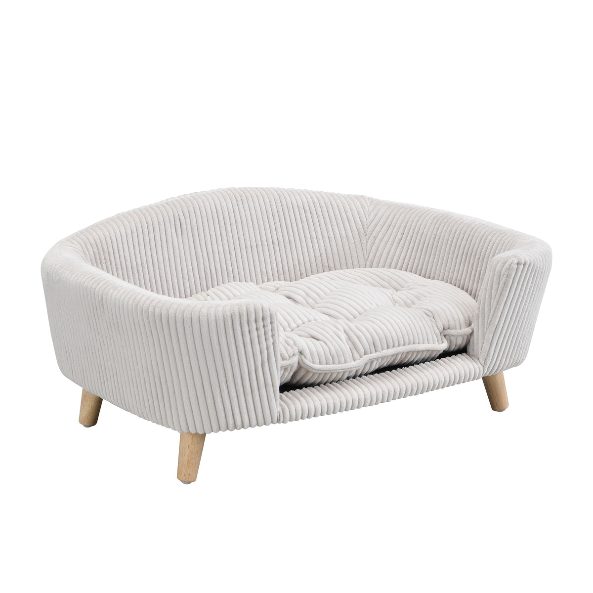 Elevated Dog Bed Frame for Small Dog, Corduroy Pet Couch Bed with Rubber Wood Legs and Supportive Foam, Beige , Easy Ass
