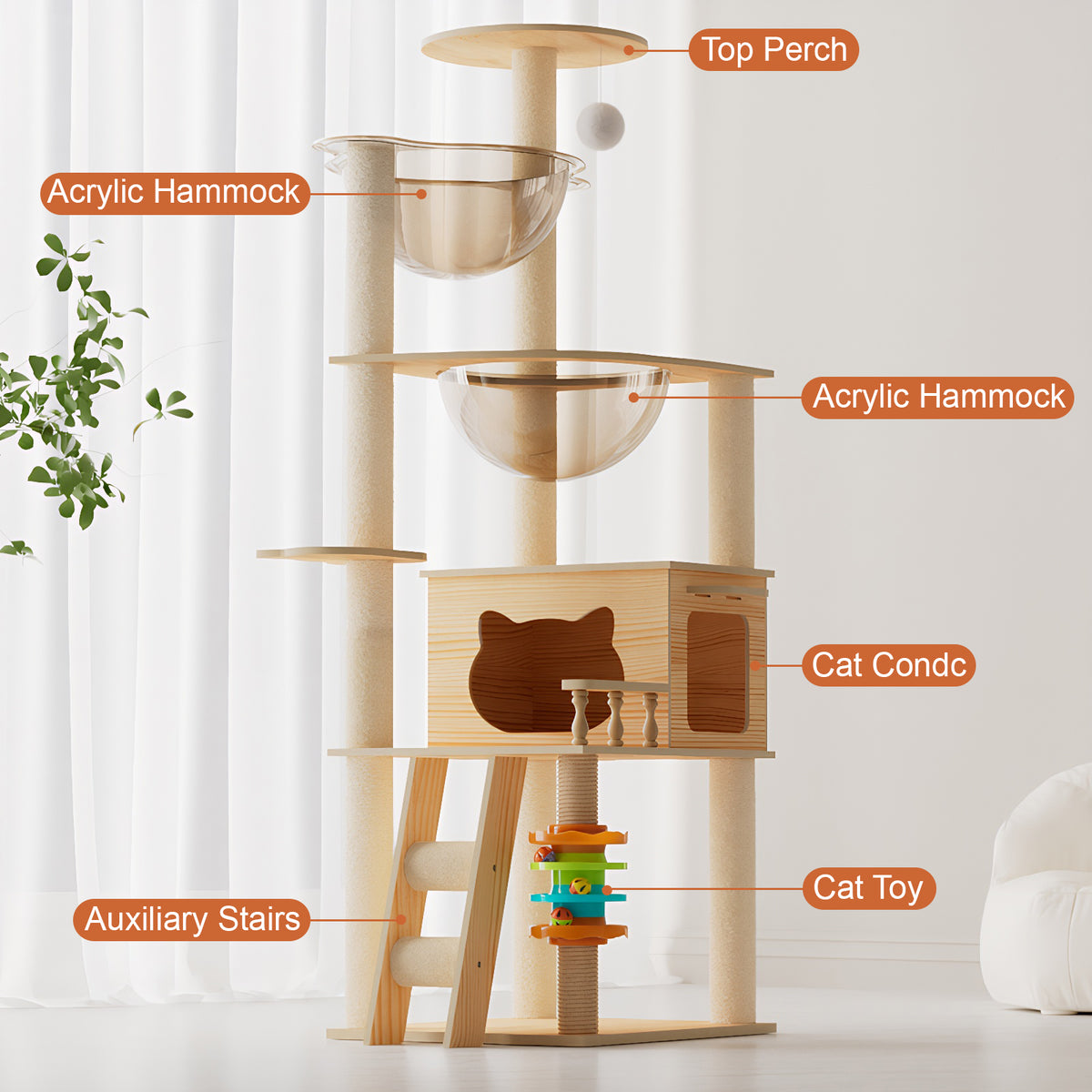 59" Modern Cat Tower, Wood Cat Tree Tower for Indoor Cats, Cat Treewith Sisal-Covered Scratching Posts and Top Perch, Ca