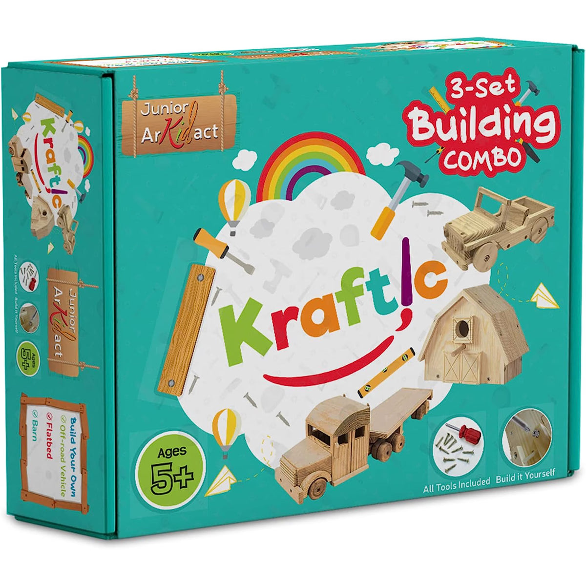 Kraftic Woodworking Building Kit for Kids and Adults, 3 Educational DIY Carpentry Construction Wood Model Kit Toy Projects for Boys and Girls - Build a Wooden Off-Road Vehicle, Flatbed, Barn