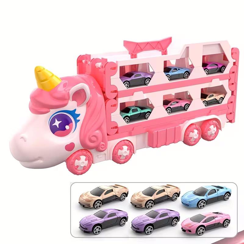 Cute Transforming Truck Toy Expandable Racetrack & Vehicle Storage Set Portable Carrier With Mini Cars Toy For Girls Age