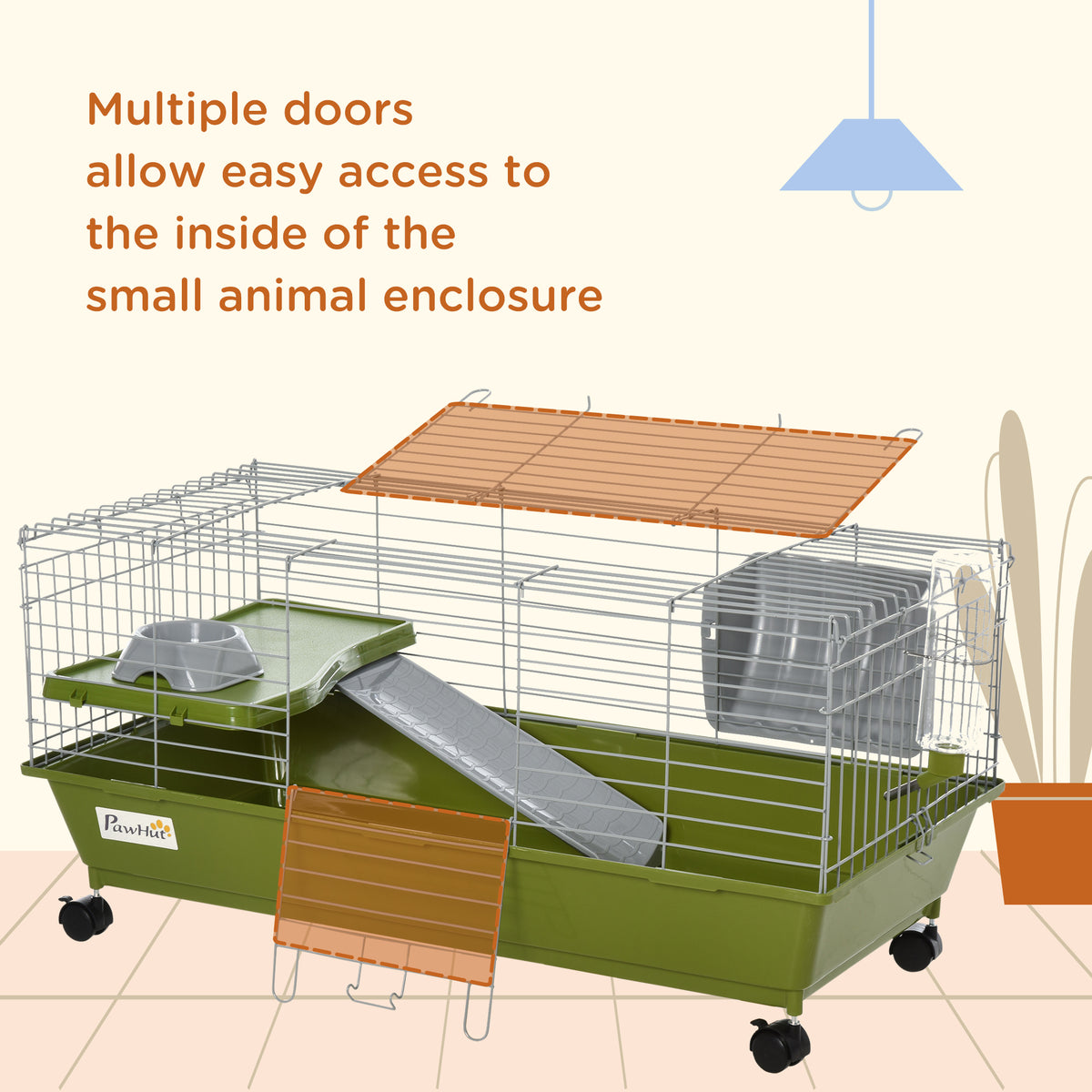 35"L Small Animal Cage, Rolling Bunny Cage, Guinea Pig Cage with Food Dish, Water Bottle, Hay Feeder, Platform, Ramp for