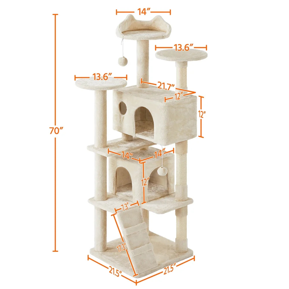 Ultimate 70" Double Condo Cat Tree with Scratching Posts - Creamy Comfort for Your Feline Friends! - BIG FRENCHIES