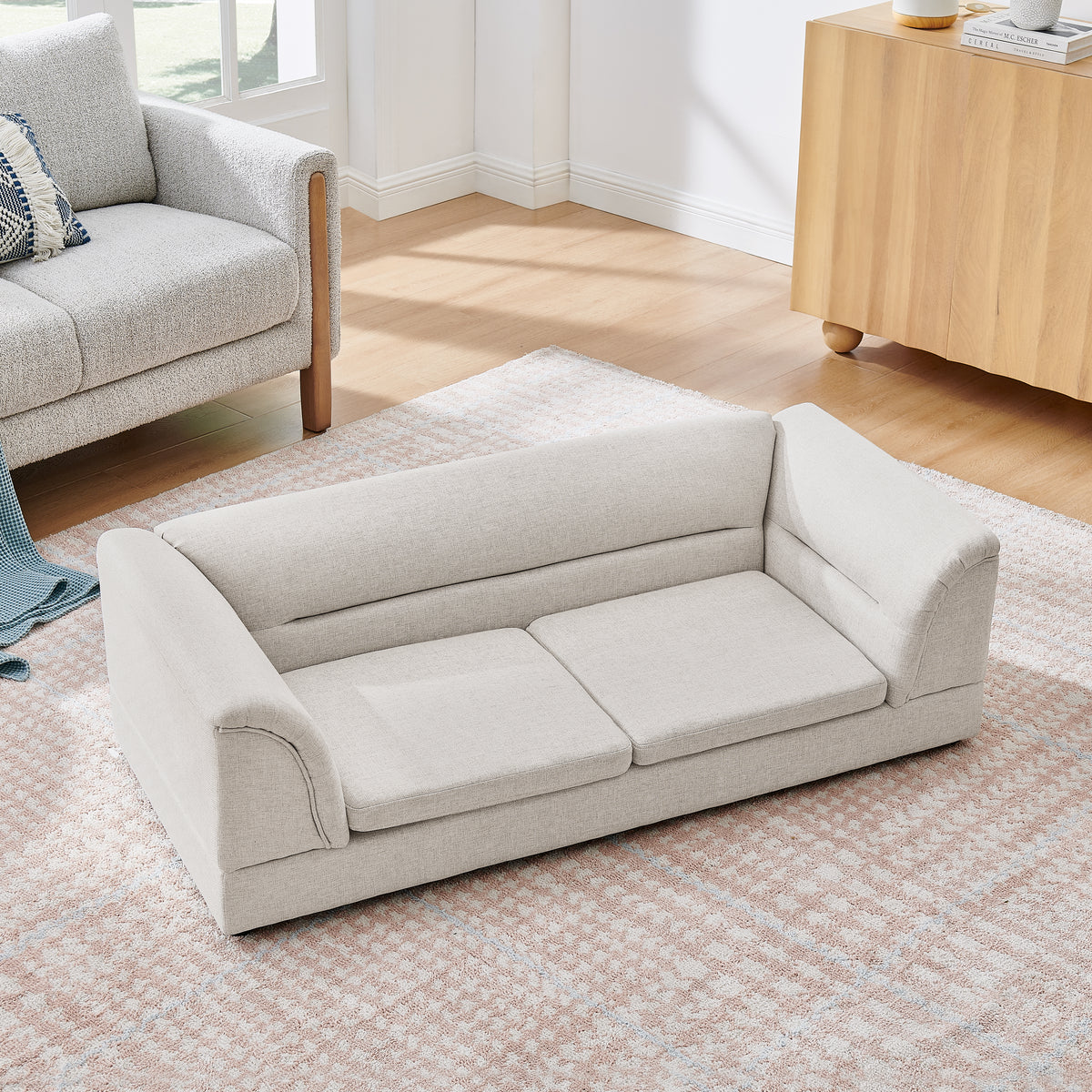 Oversized Pet Sofa, Curved Armrest Rectangular Dog Sofa, Linen Fabric Comfort Pet Couch for Large & Oversized Dogs-Beige