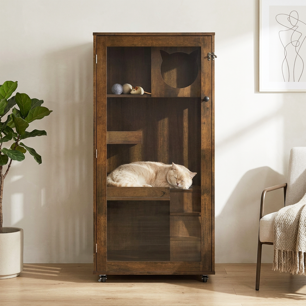 Basia Indoor Rubber Wood Cat Cabinet with Wheels, Ventilated Indoor Cat Condo with Multi-Level Shelves & Lockable Door, 