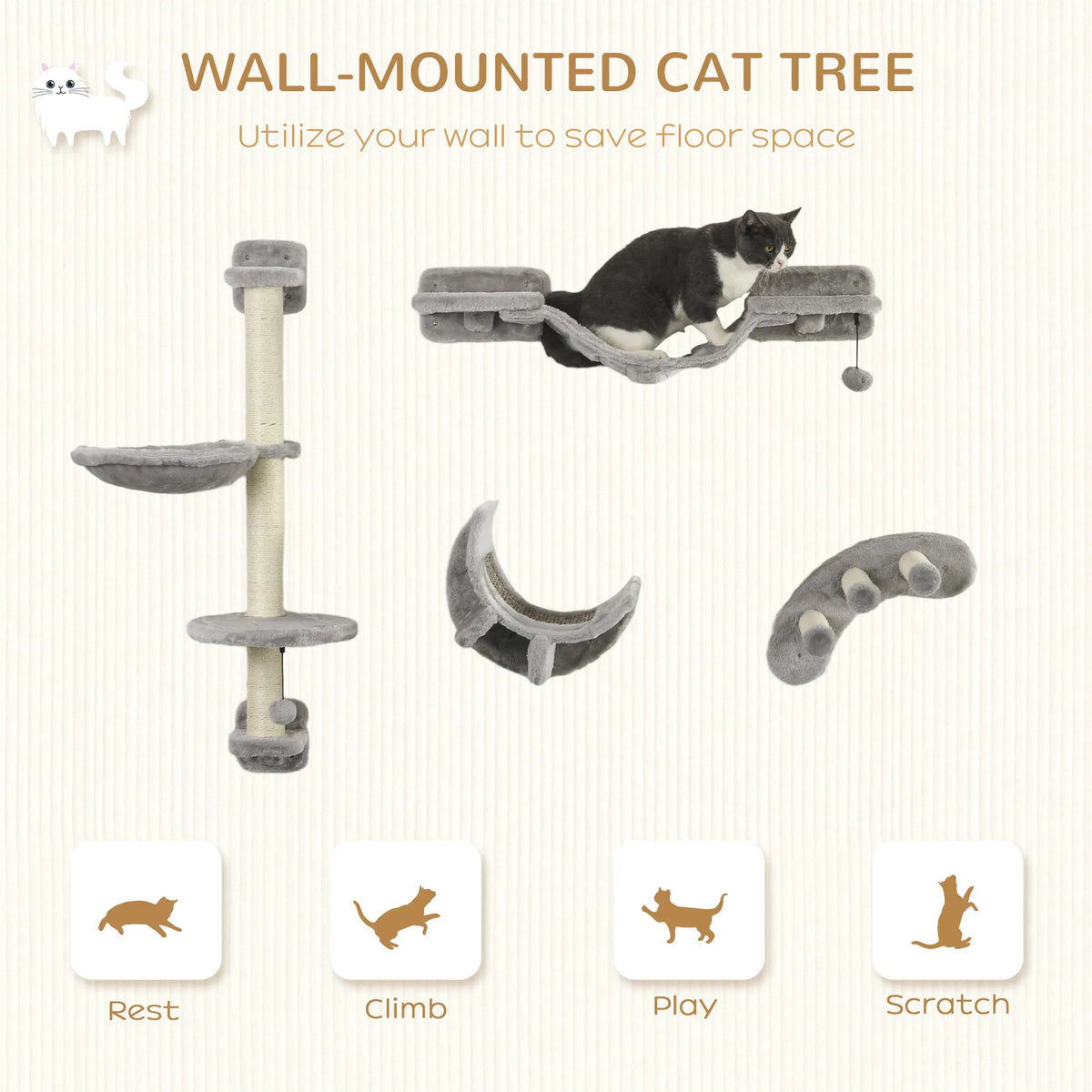 4Pcs Cat Wall Shelf with Scratching Post, Cat Wall Shelves for Relaxing, Climbing, Cat Wall With Soft Ladder, Hammock, P