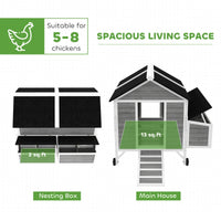 Wooden Chicken Coop W Wheels, Handles, 2 Nesting Boxes, 2 Trays, 4 Perches, Chicken Tractor For 4-6 Chickens, GrayFor Mu