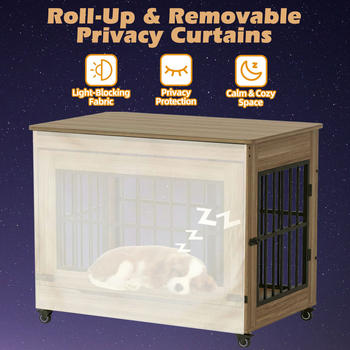 46in Large Dog Crate Furniture, Double Door Wooden Indoor Dog Kennel Furniture, Decorative Pet Cage End Table With Wheel