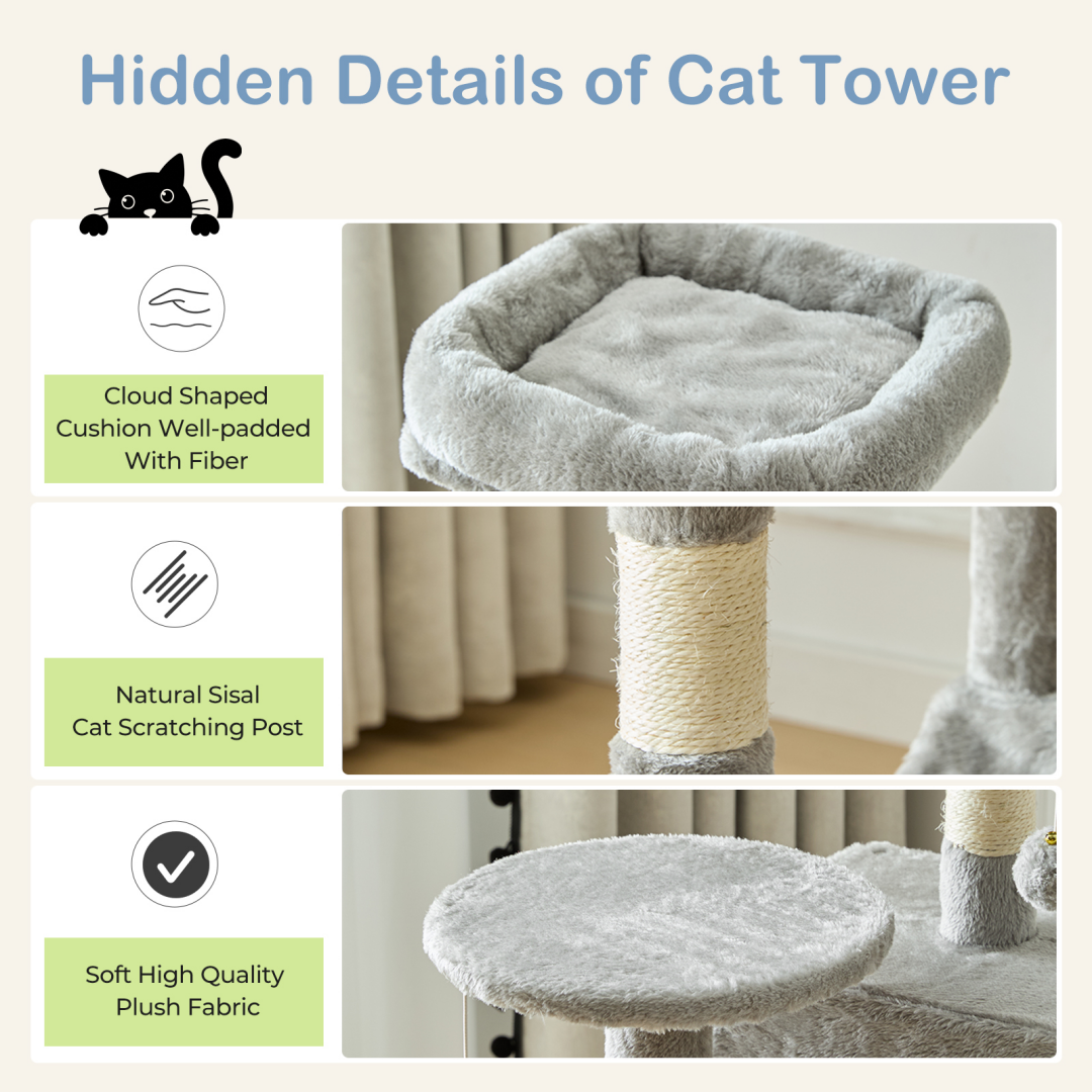 44 Inch Cat Tree Tower, Multi-Cat Climbing Tower With, Natural Sisal Scratching Posts, Extended Platform, Hammock