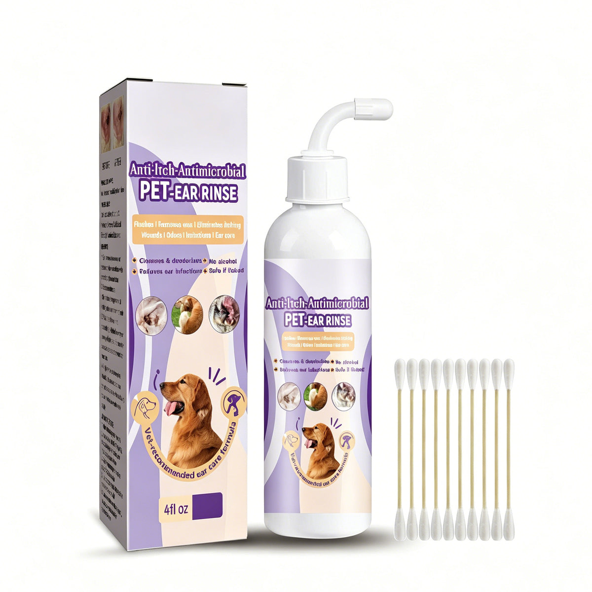118ml Pet Ear Rinse Cleaner With Glycerin & Disodium EDTA, Anti-Itch Antimicrobial Ear Wash For Dogs Cats, Alcohol-Free 