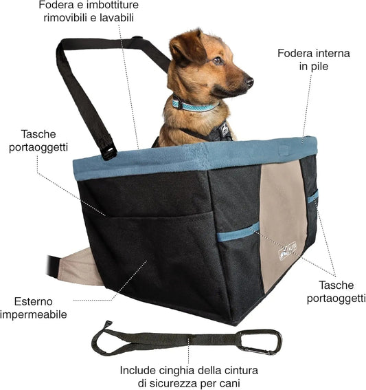 Dog Booster Seat - Keeps Dogs Secure & Comfortable - Waterproof Exterior - Removable Washable Liner - Dog Car Seat with Harness Strap - Collapsible - Rover Style - Black/Blue