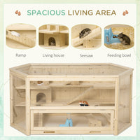 Wooden Large Hamster Cage Small Animal Exercise Play House 3 Tier with Tray, Seesaws, Water Bottle, Activity Center, Nat