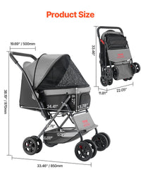 Pet Stroller Foldable 4 Wheels Travel Dog Stroller Reversible Handle Up To 44lbs