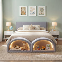 Queen Size Upholstered Platform Bed Frame with Dual Cat Caves, LED Lighted Pet Nests at Footboard, Gray