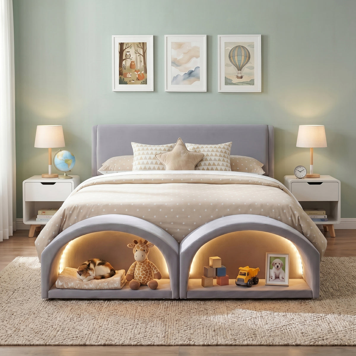 Queen Size Upholstered Platform Bed Frame with Dual Cat Caves, LED Lighted Pet Nests at Footboard, Gray