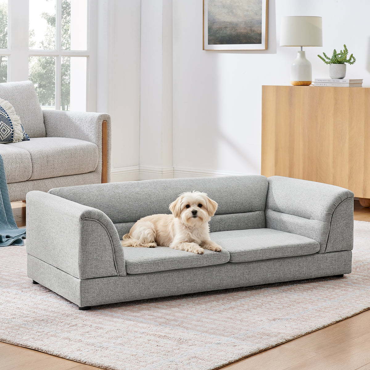 Oversized Pet Sofa, Curved Armrest Rectangular Dog Sofa, Linen Fabric Comfort Pet Couch for Large & Oversized Dogs-LIGHT