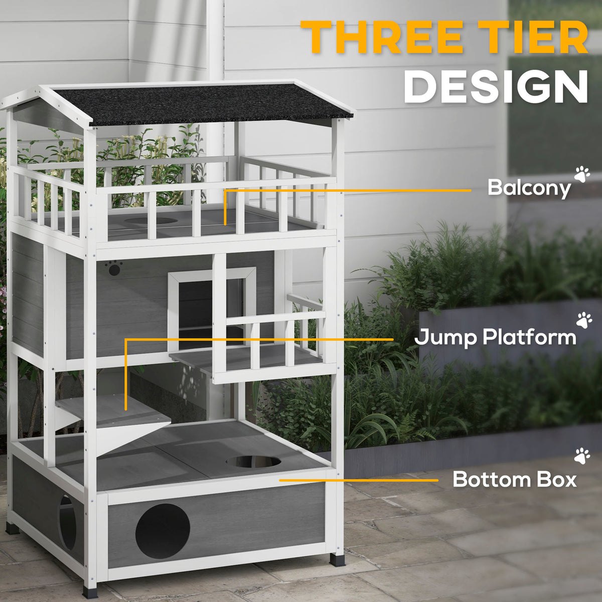 Wooden Outdoor Cat House with Asphalt Roof, Escape Doors, Condo, Jumping Platform, Light Gray