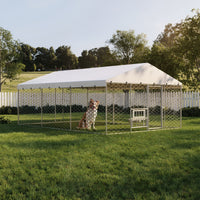 15x10 FT Large Outdoor Dog Kennel with Canopy, Heavy Duty Galvanized Steel Frame, Waterproof Cover, Built-in Elevated Fe