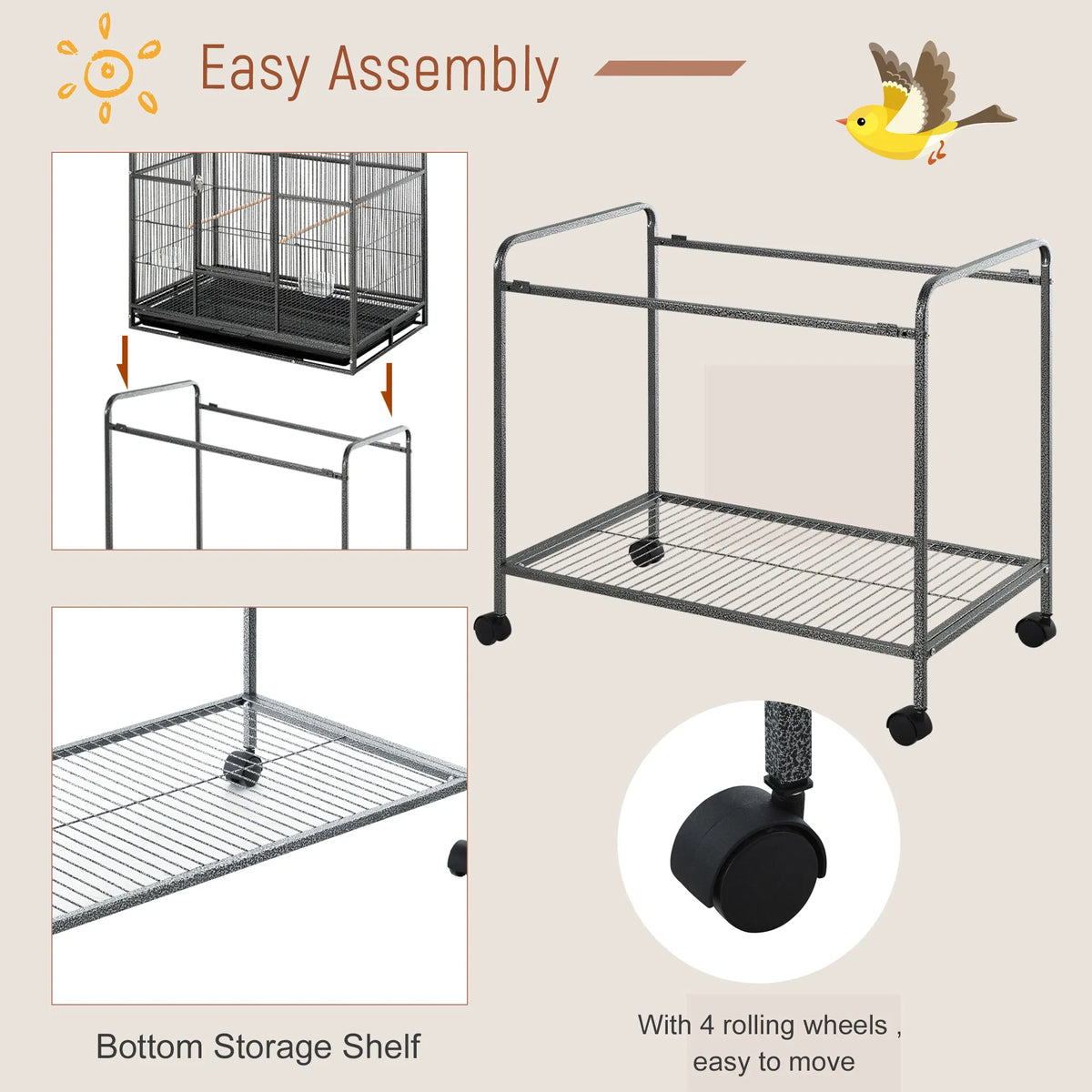 30'' Large Rolling Metal Bird Cage Bird House with Detachable Rolling Stand, Storage Shelf, Wood Perch Food Container - 