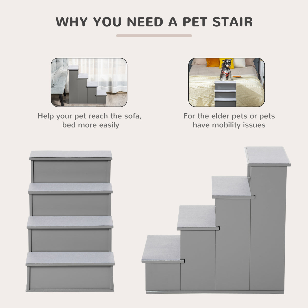 Pet Stairs, Small Dog Steps for Couch Bed with Cushioned Removable Covering, 15.75" x 23.25" x 21.25", Grey