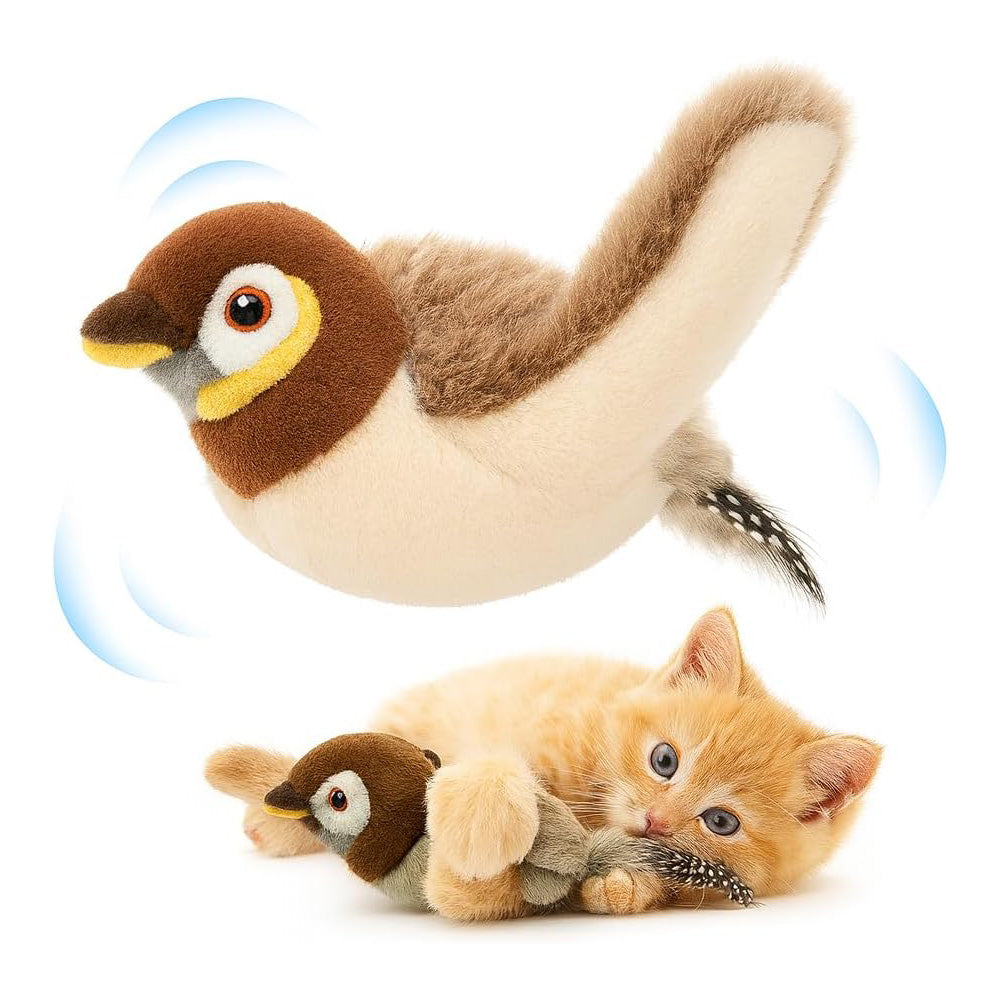 USB Rechargeable Flapping Bird Cat Toy, Realistic Chirping White Faced Sparrow Plush Toy, Motion Activated Electronic In