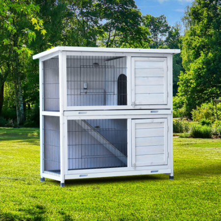 Rabbit Hutch Outdoor, 2-Story Rabbit Cage Indoor With Run, Bunny Cage With 2 Removable No-Leak Trays, Pet Cages With Non