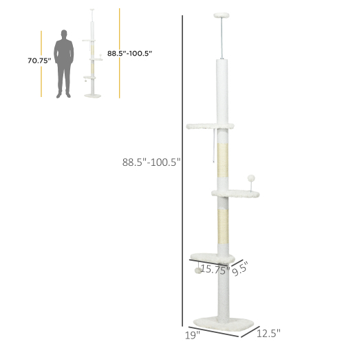 PawHut Floor To Ceiling Cat Tree With Scratching Posts, 88.5-100.5 Adjustable Height, Cat Climbing Tower With Cloud Shap