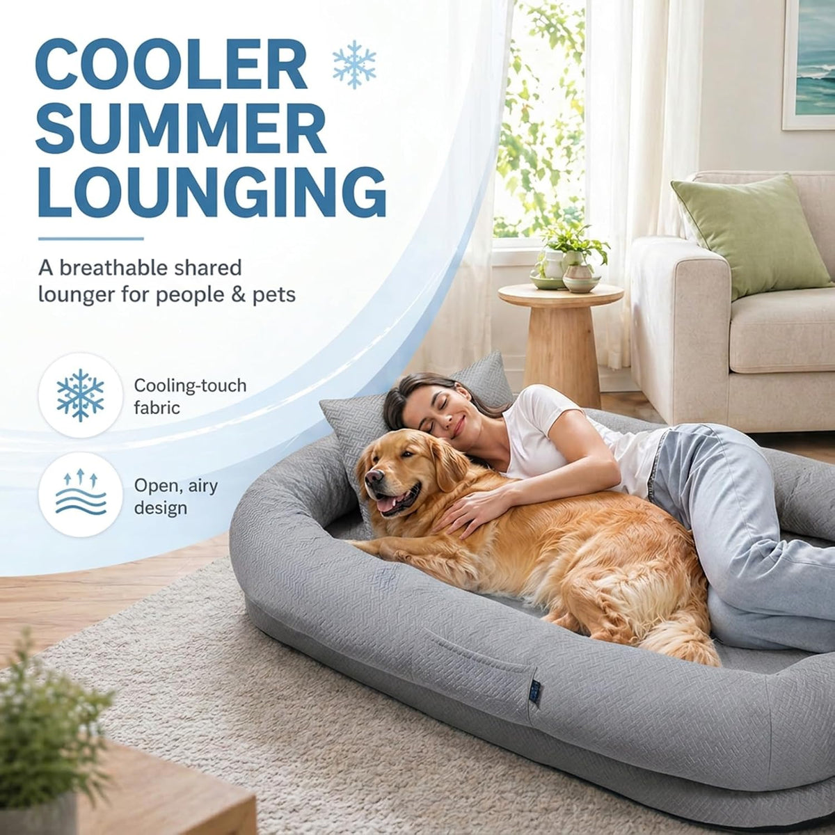 Cooling Human Dog Bed For Adults & Pets, Breathable Washable Floor Lounger, 72 In X 41 In X 12 In, Glacier Grey, Perfect