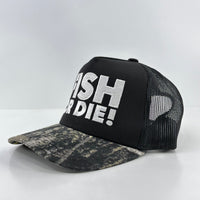 FISH OR DIE Black Mesh CAMO Trucker Cap Hat Custom Embroidered