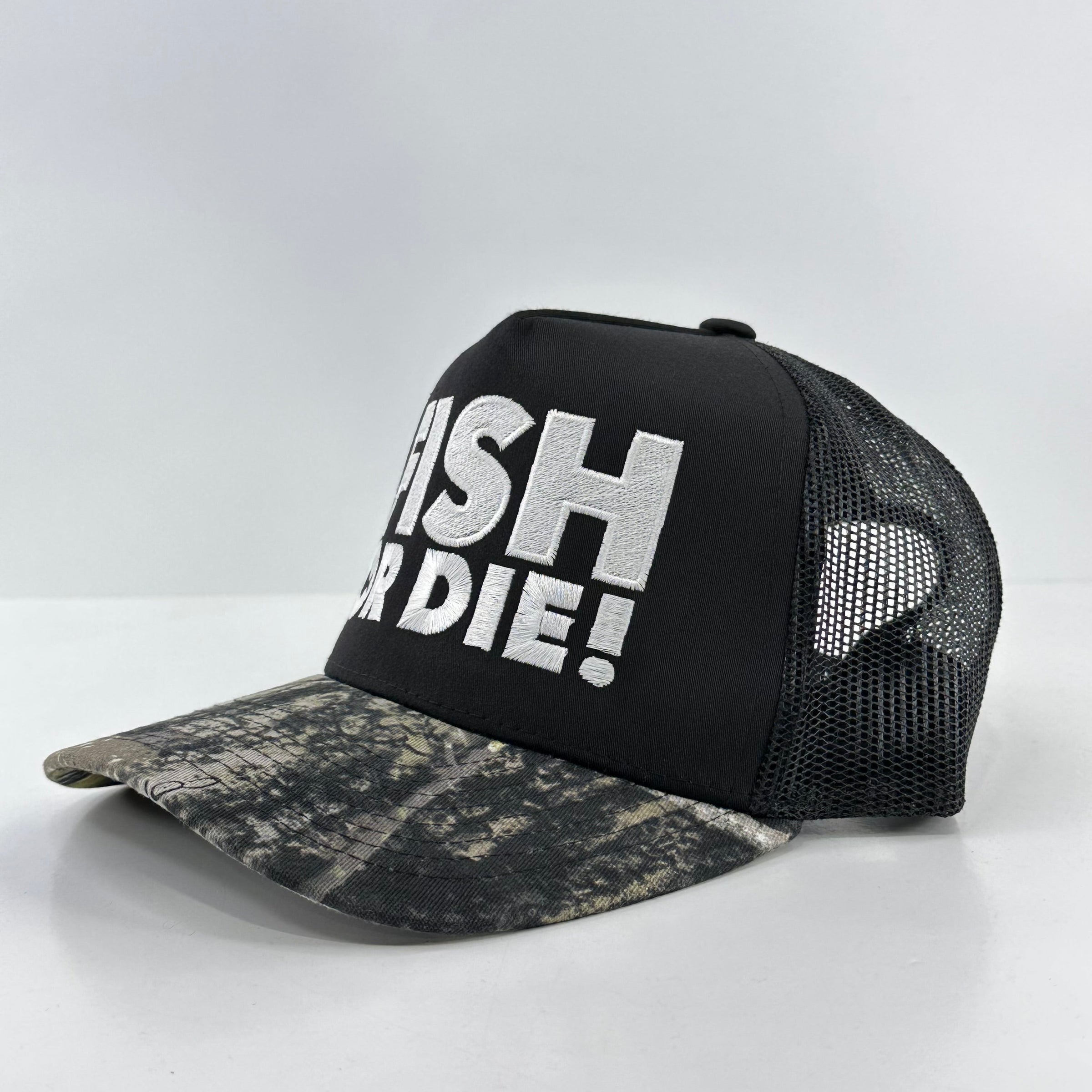 FISH OR DIE Black Mesh CAMO Trucker Cap Hat Custom Embroidered