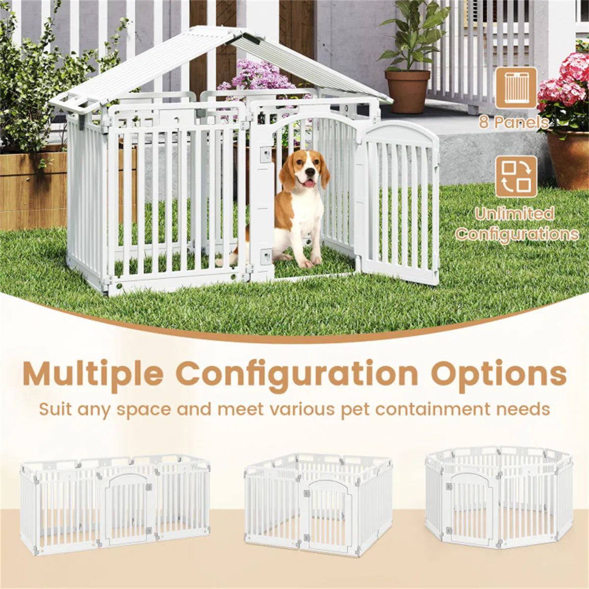 8-Panel HDPE Pet Fence (White) - Multiple Configurations (Octagon/Square/House), 50"x50"x32" Square Size, Lockable Door