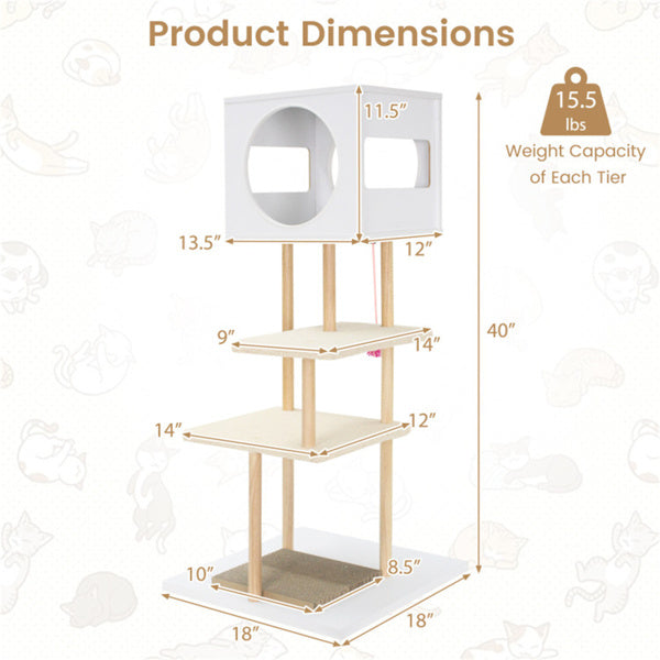 Multi-Level Cat Tree With 2 Scratching Pads, Dual-Door Cat Condo & Anti-Tipping Kit For Indoor Cats