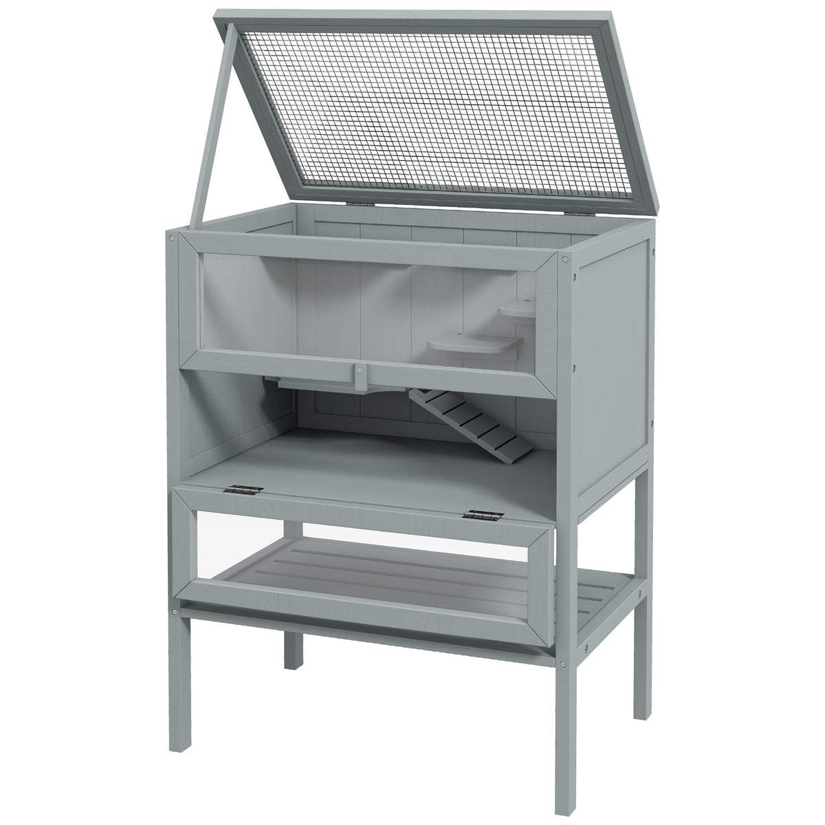 3-Tier Wooden Hamster Cage Mice and Rat Cage Small Animals Hutch with Openable Top, Front Door, Storage Shelf, Gray