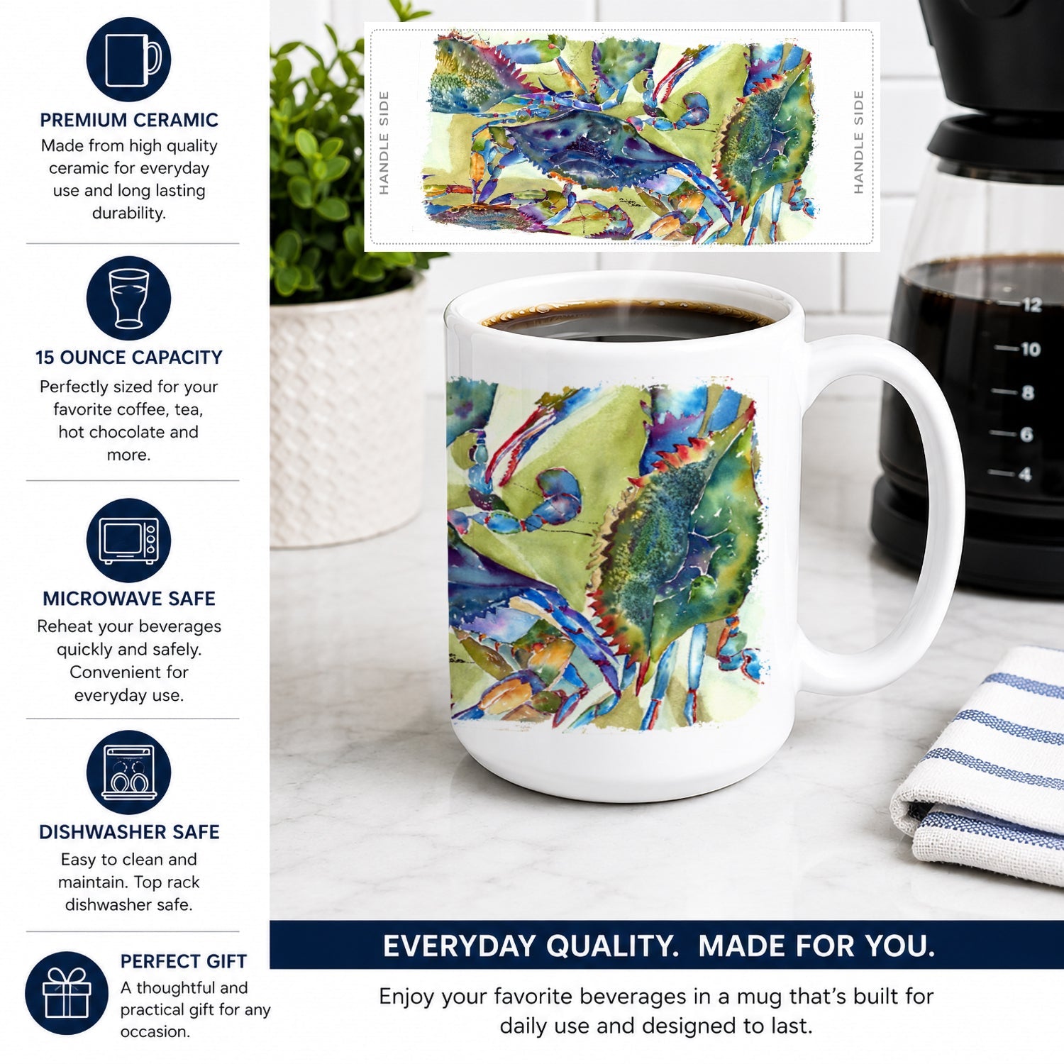 Crab All Over Ceramic Coffee Mug 15 oz Decorative Large C Handle Mug Cup for Tea, Cocoa Hot Chocolate