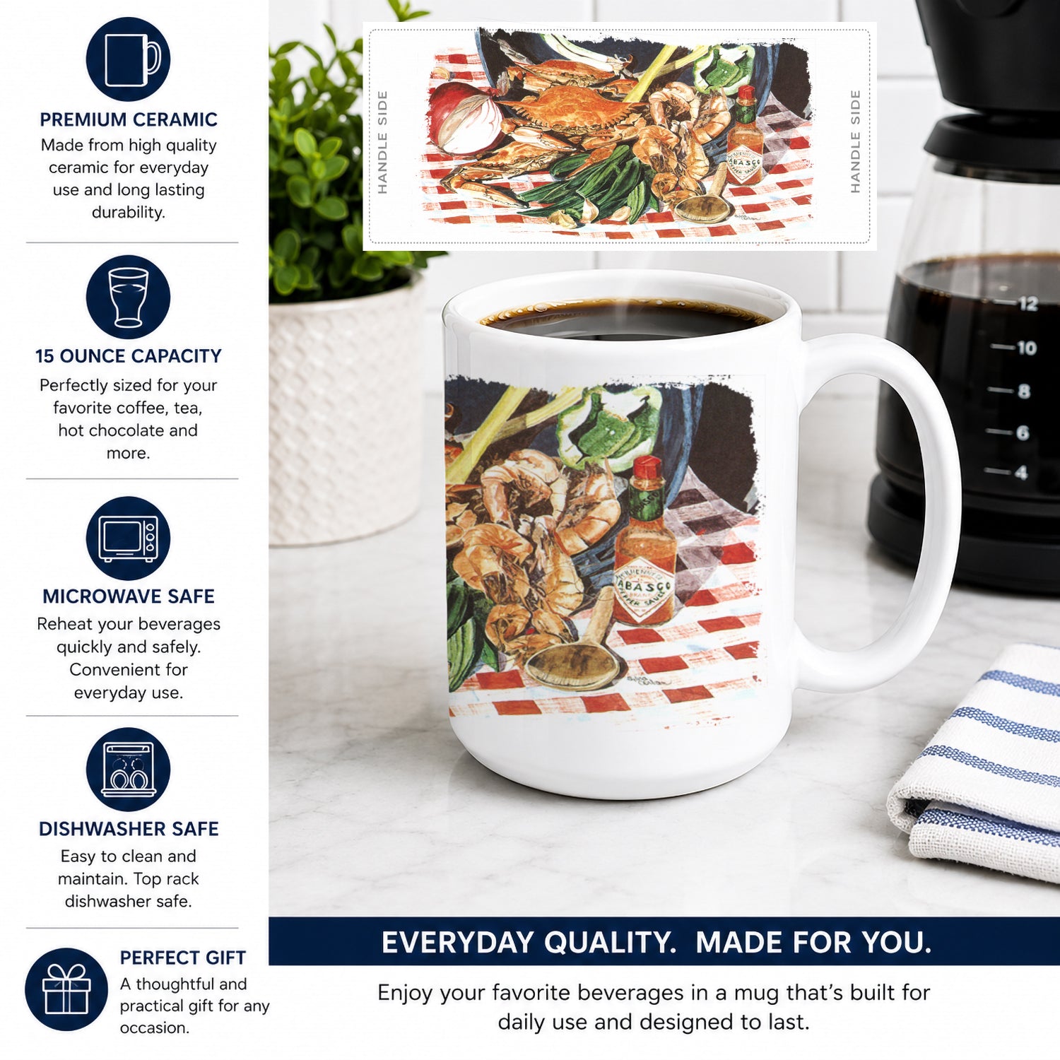 Crab Boil Ceramic Coffee Mug 15 oz Decorative Large C Handle Mug Cup for Tea, Cocoa Hot Chocolate