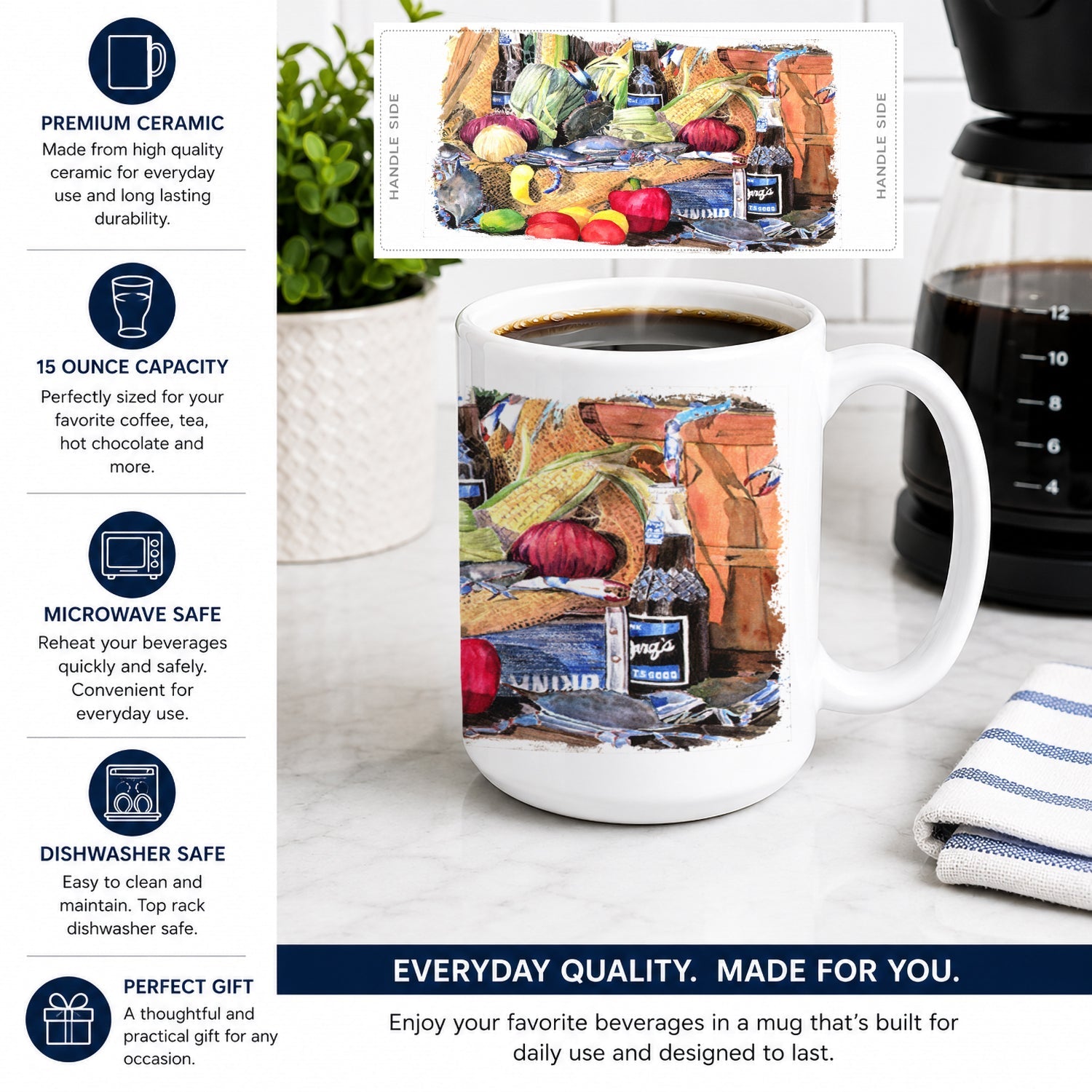 Barq's and Crabs Ceramic Coffee Mug 15 oz Decorative Large C Handle Mug Cup for Tea, Cocoa Hot Chocolate