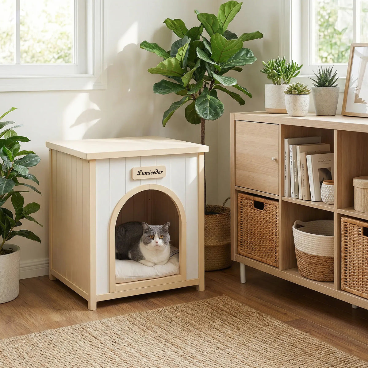 Modern Indoor Wooden Dog House with Removable Cushion – Solid Cedar Pet House for Small Dogs & Cats, Furniture-Grade Sca